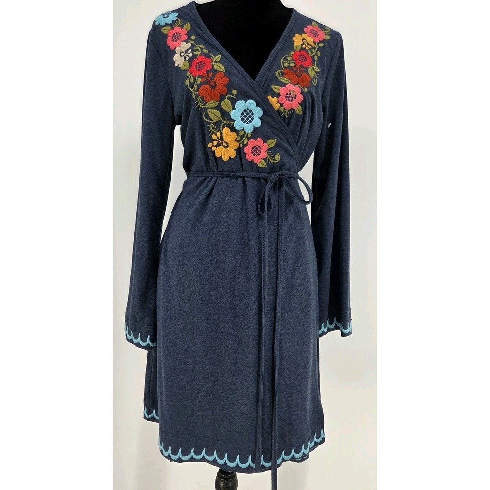 Uncle Frank Anthropologie Wrap Dress Medium Blue Embroidered Floral Boho Dress